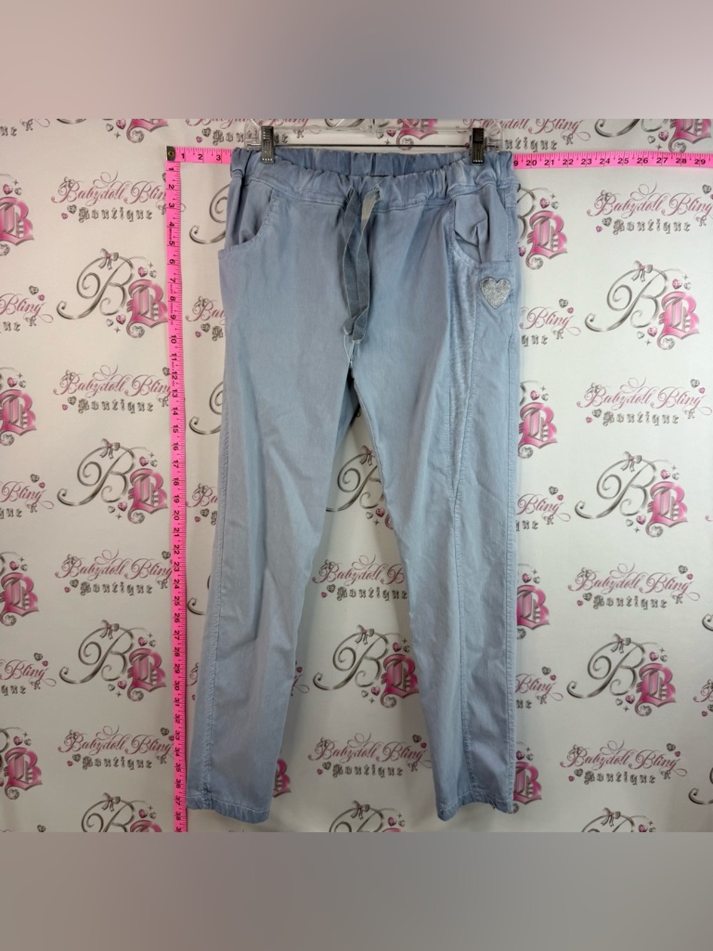 Elissia- Light Blue Denim Jogger Pants with Tricolor Patch Adjustable Wast Band